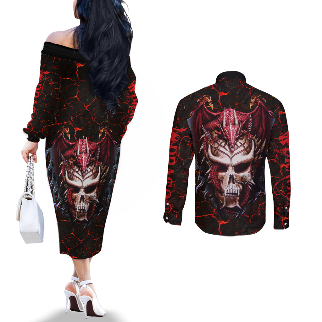 Infernal Draconic Skull Couples Matching Off The Shoulder Long Sleeve Dress and Long Sleeve Button Shirts Embracing the Fiery Soul DT01