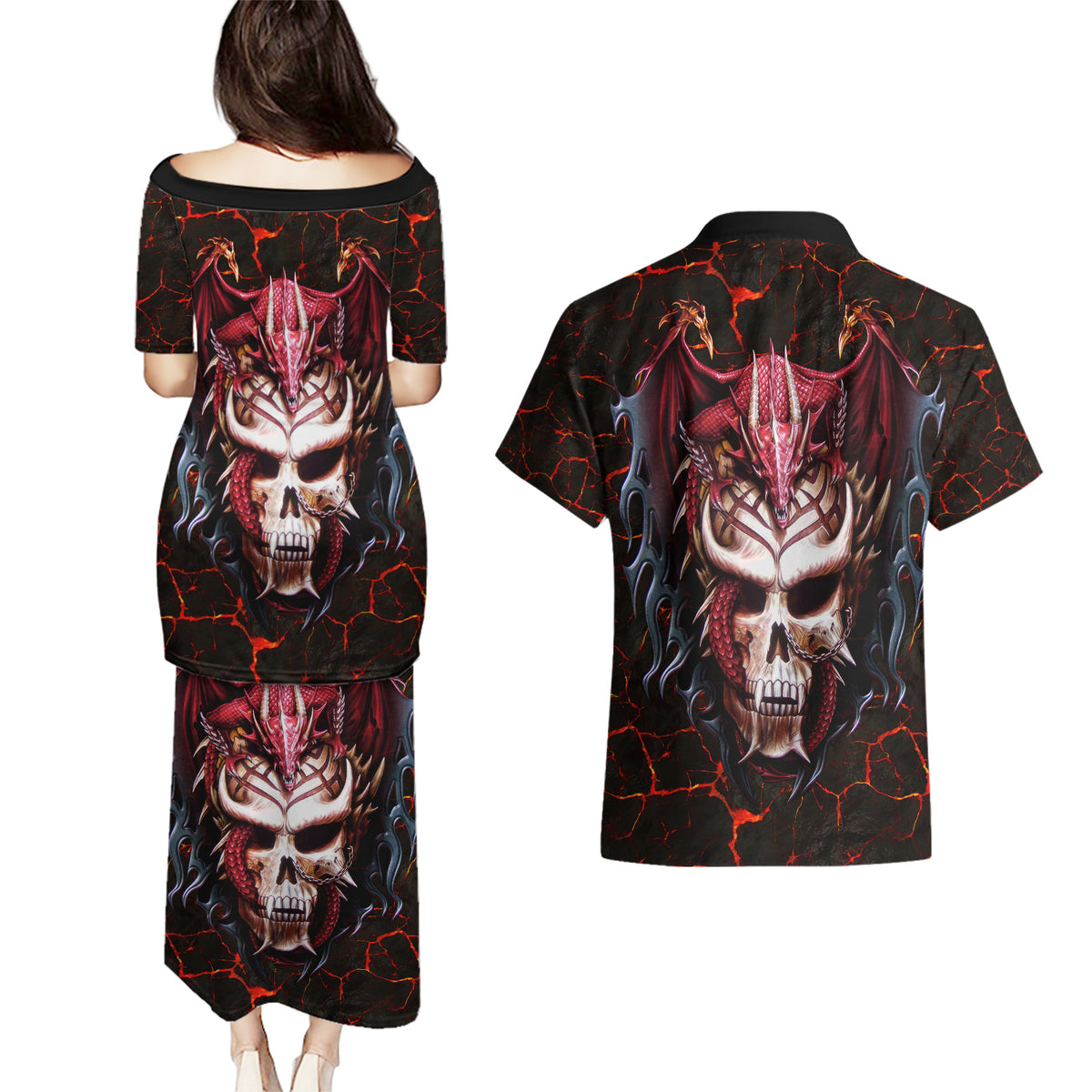 Infernal Draconic Skull Couples Matching Puletasi Dress and Hawaiian Shirt Embracing the Fiery Soul - Wonder Print Shop