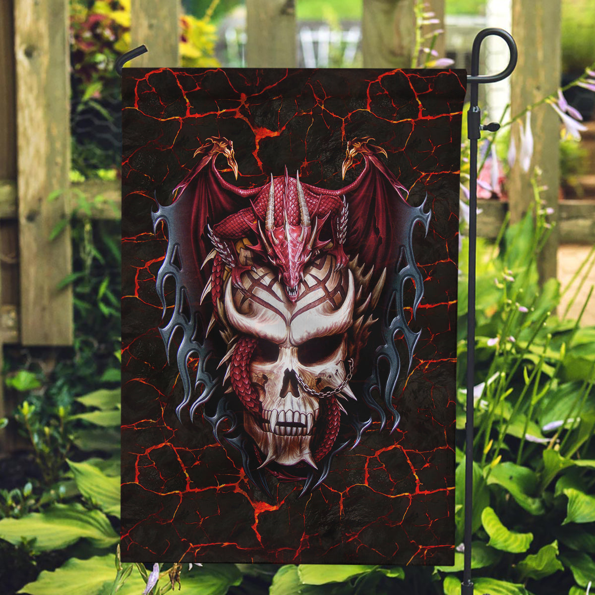 Infernal Draconic Skull Garden Flag Embracing the Fiery Soul - Wonder Print Shop