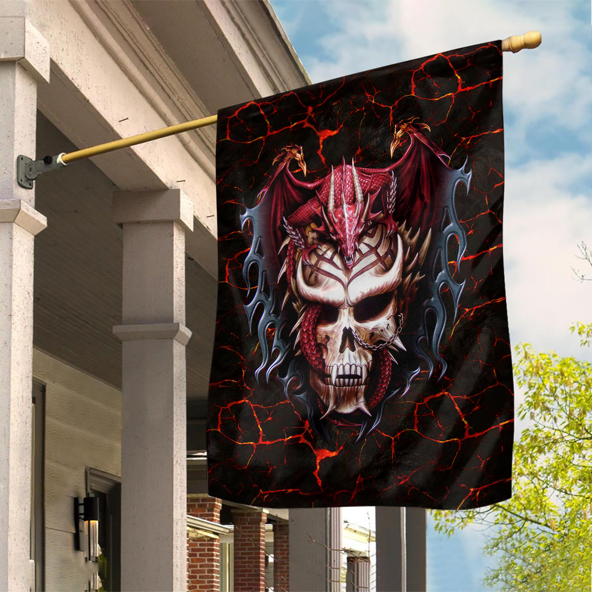 Infernal Draconic Skull Garden Flag Embracing the Fiery Soul - Wonder Print Shop