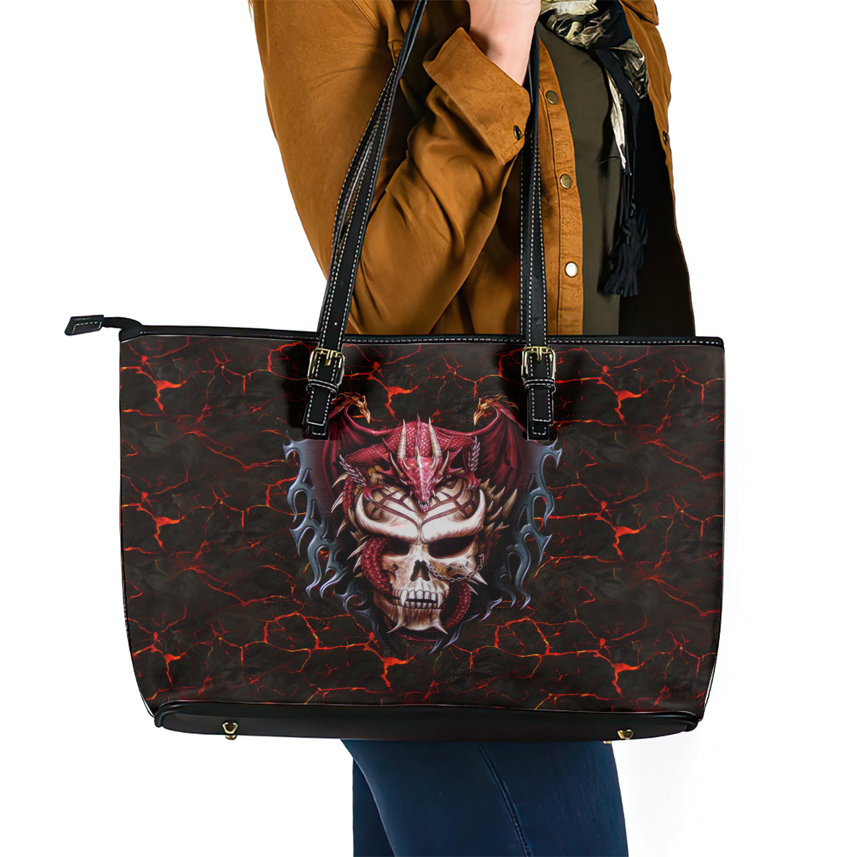 Infernal Draconic Skull Leather Tote Bag Embracing the Fiery Soul - Wonder Print Shop