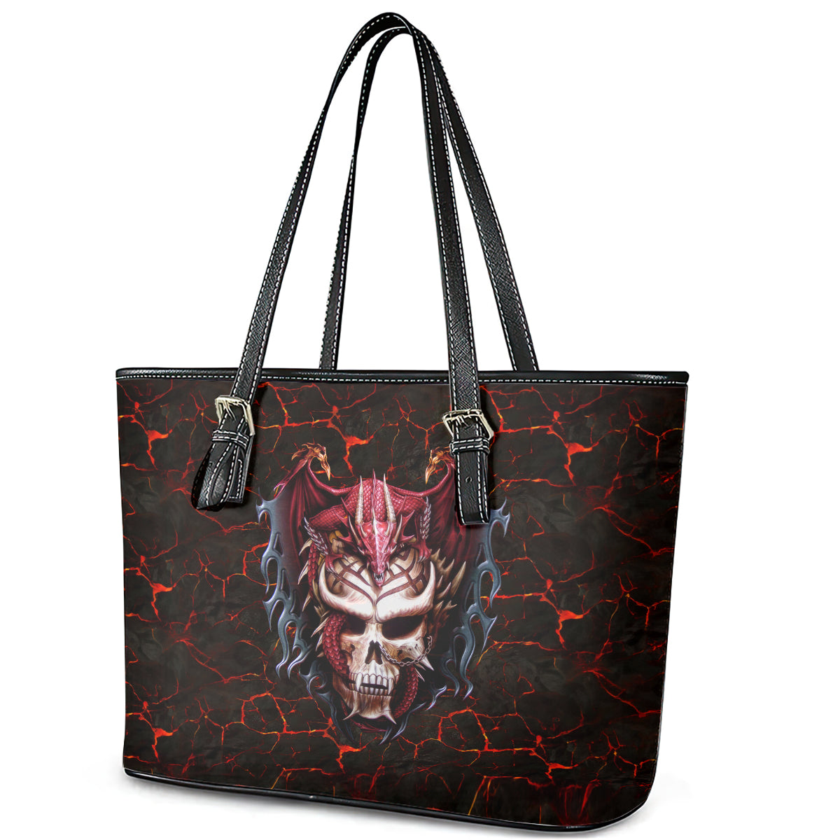 Infernal Draconic Skull Leather Tote Bag Embracing the Fiery Soul - Wonder Print Shop