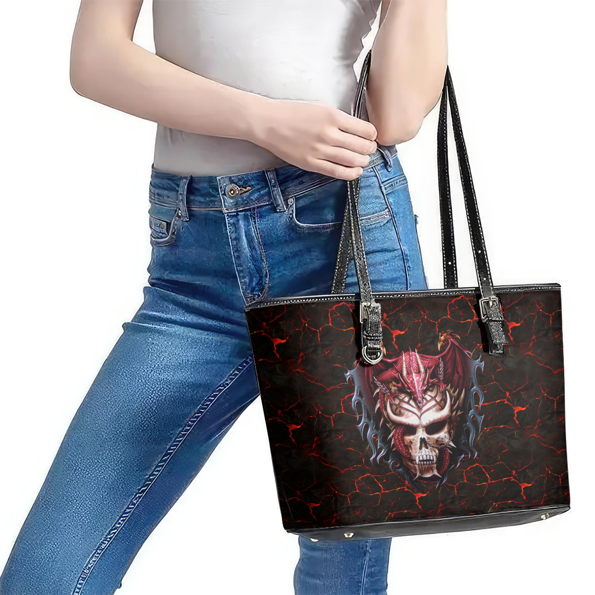 Infernal Draconic Skull Leather Tote Bag Embracing the Fiery Soul - Wonder Print Shop