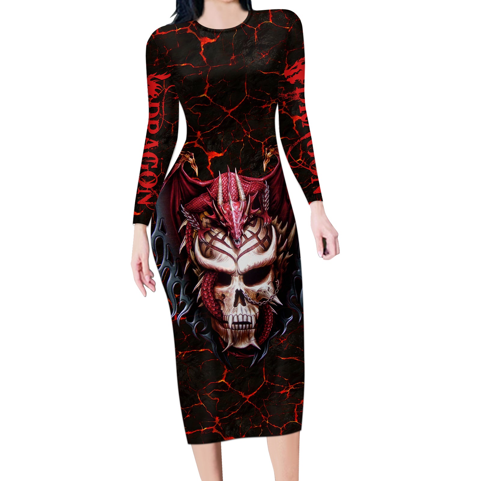 Infernal Draconic Skull Long Sleeve Bodycon Dress Embracing the Fiery Soul - Wonder Print Shop