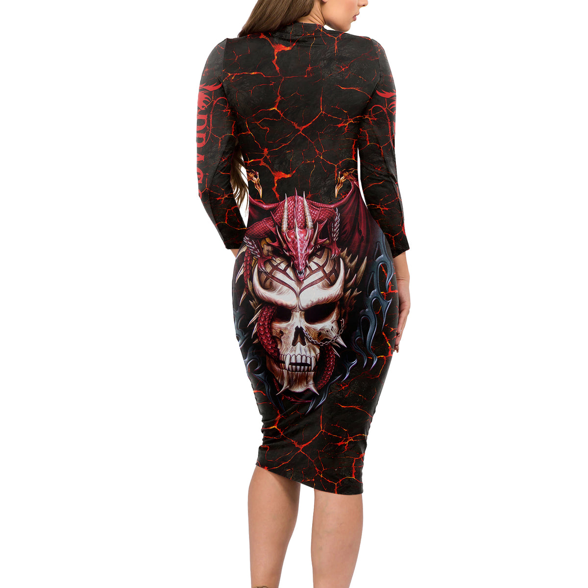 Infernal Draconic Skull Long Sleeve Bodycon Dress Embracing the Fiery Soul - Wonder Print Shop