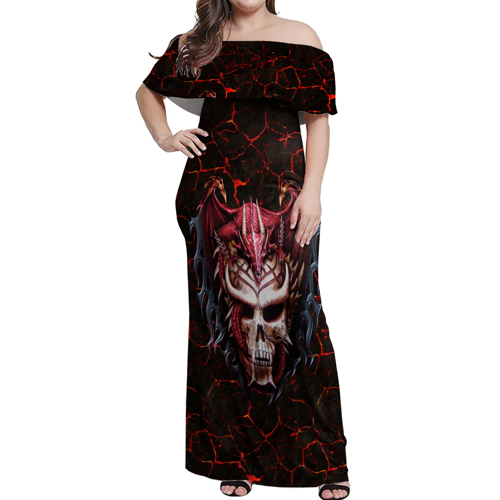 Infernal Draconic Skull Off Shoulder Maxi Dress Embracing the Fiery Soul - Wonder Print Shop