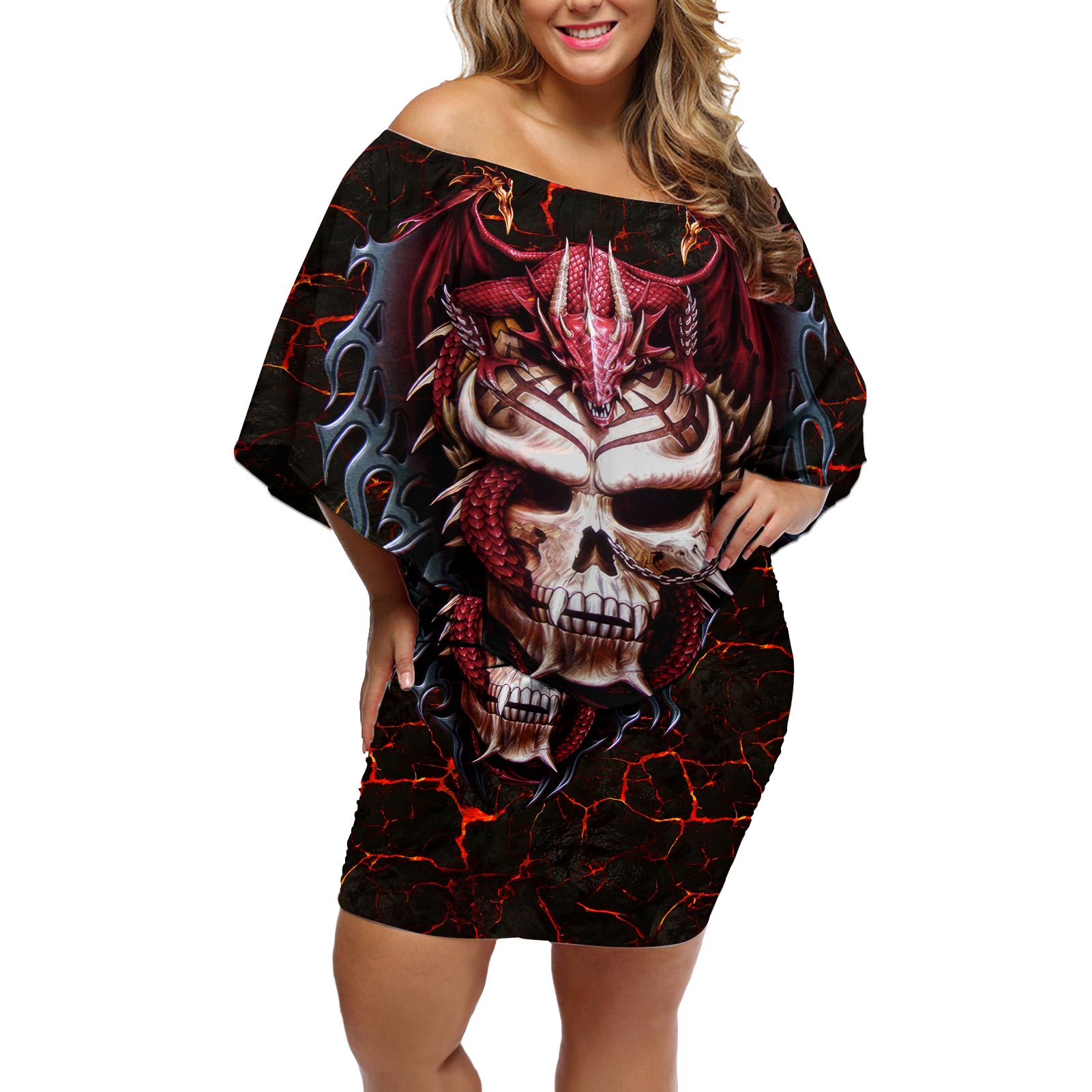 Infernal Draconic Skull Off Shoulder Short Dress Embracing the Fiery Soul - Wonder Print Shop