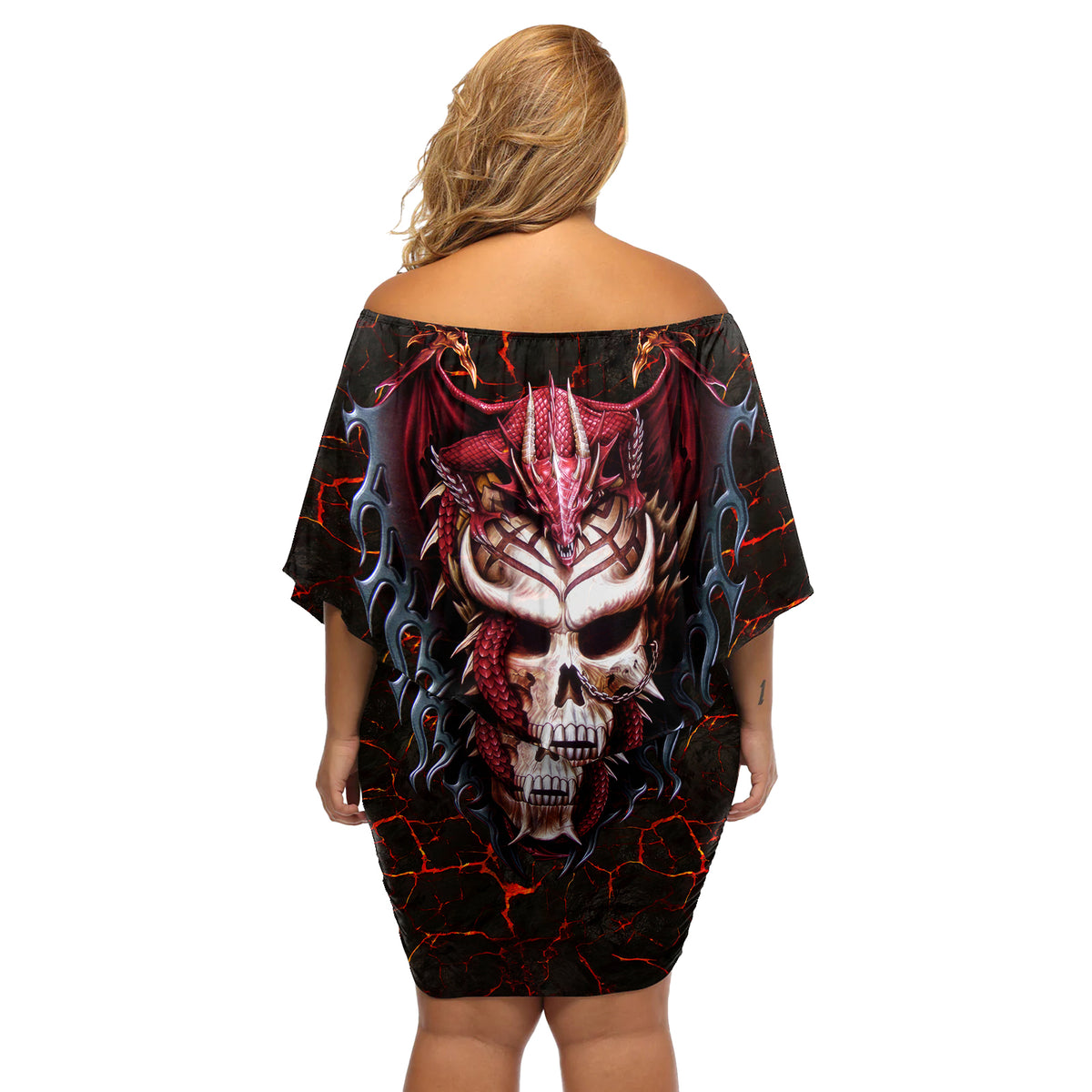 Infernal Draconic Skull Off Shoulder Short Dress Embracing the Fiery Soul - Wonder Print Shop