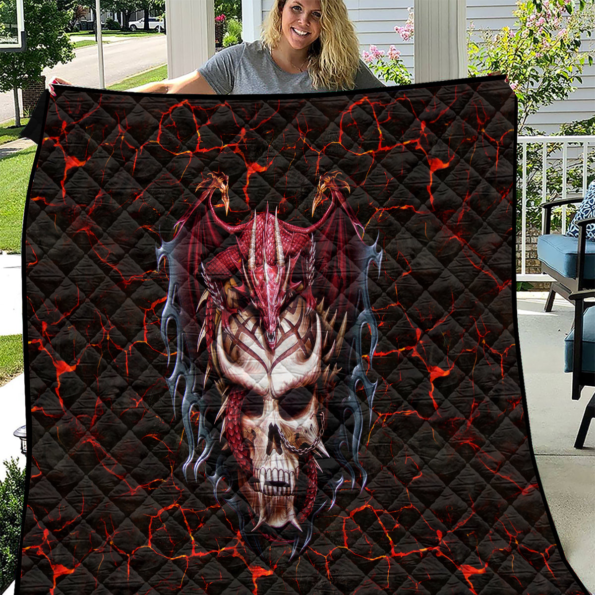 Infernal Draconic Skull Quilt Embracing the Fiery Soul - Wonder Print Shop