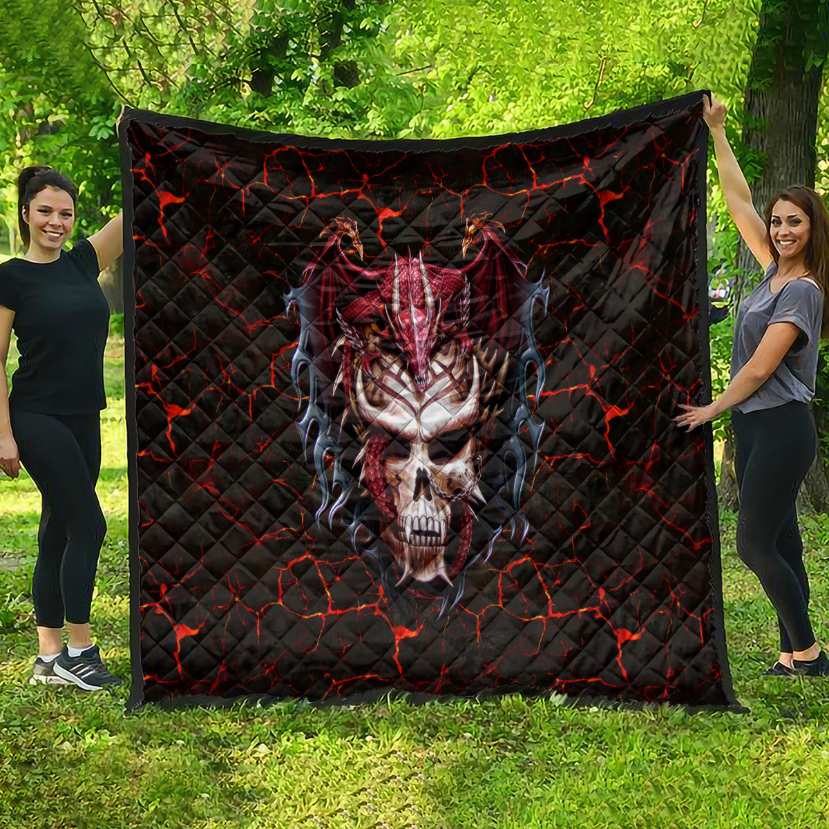 Infernal Draconic Skull Quilt Embracing the Fiery Soul - Wonder Print Shop