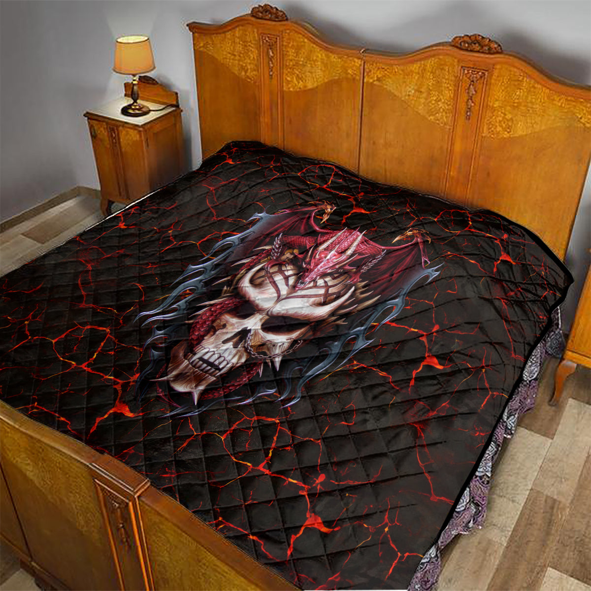 Infernal Draconic Skull Quilt Embracing the Fiery Soul - Wonder Print Shop