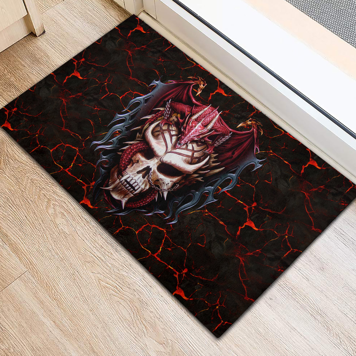 Infernal Draconic Skull Rubber Doormat Embracing the Fiery Soul - Wonder Print Shop