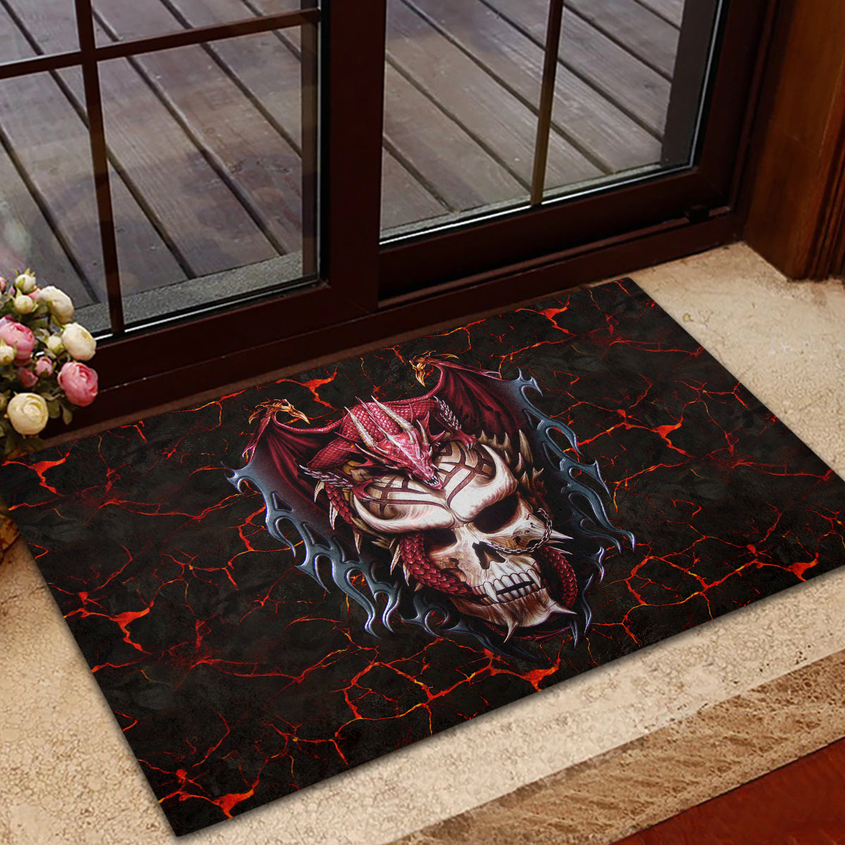 Infernal Draconic Skull Rubber Doormat Embracing the Fiery Soul - Wonder Print Shop