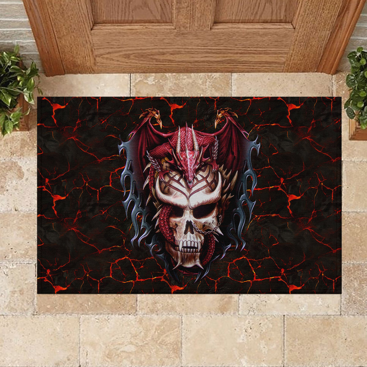 Infernal Draconic Skull Rubber Doormat Embracing the Fiery Soul - Wonder Print Shop
