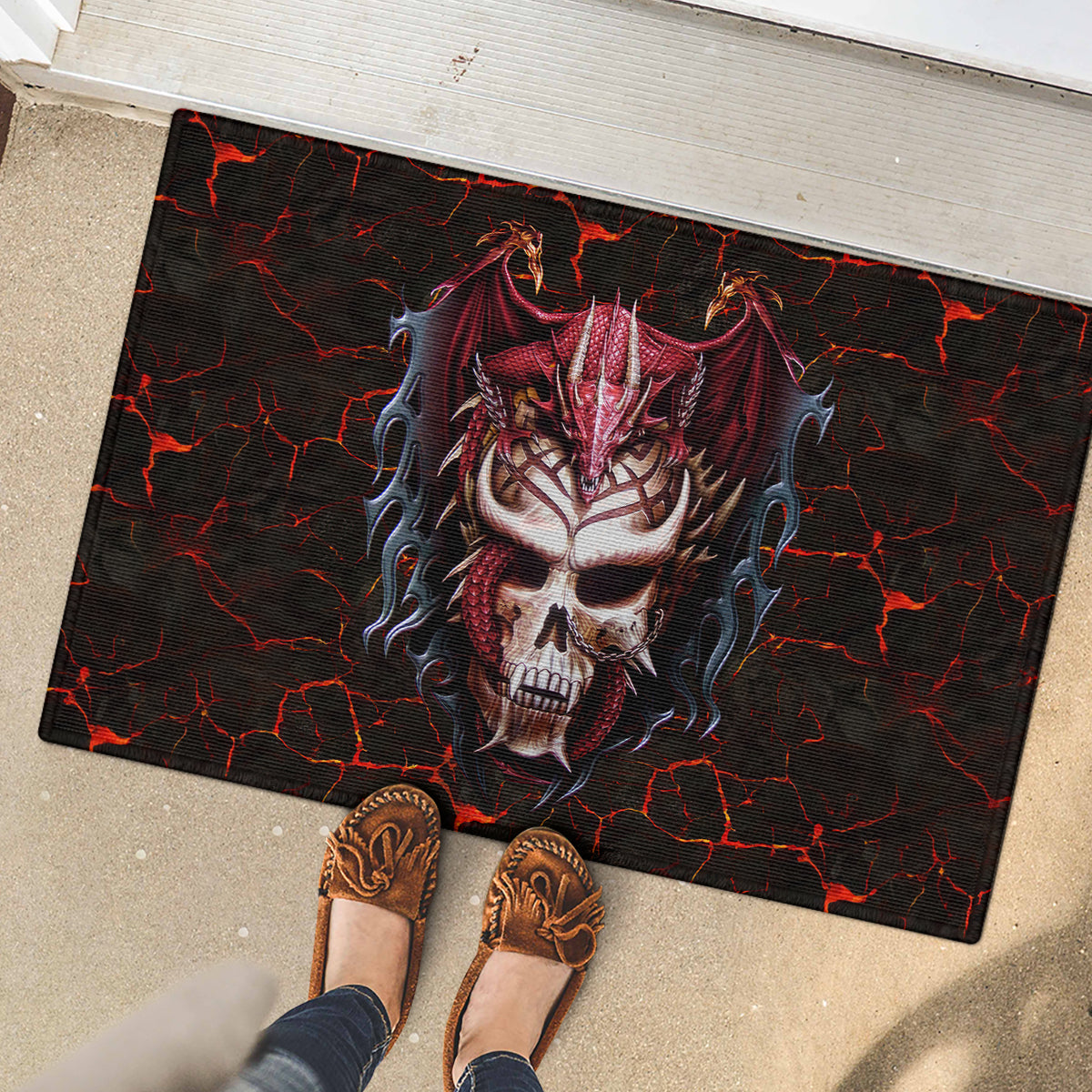 Infernal Draconic Skull Rubber Doormat Embracing the Fiery Soul - Wonder Print Shop