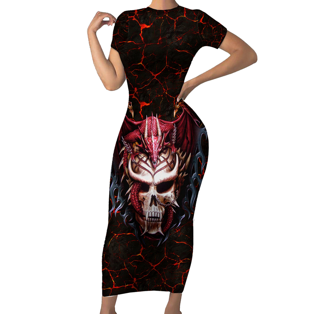 Infernal Draconic Skull Short Sleeve Bodycon Dress Embracing the Fiery Soul - Wonder Print Shop