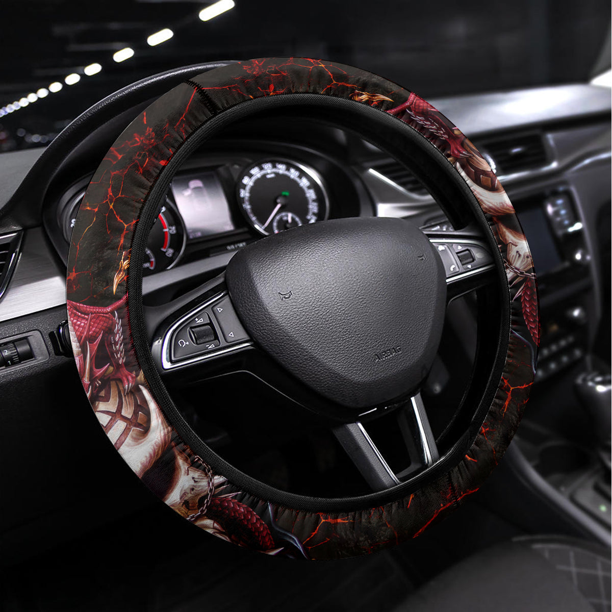 Infernal Draconic Skull Steering Wheel Cover Embracing the Fiery Soul - Wonder Print Shop