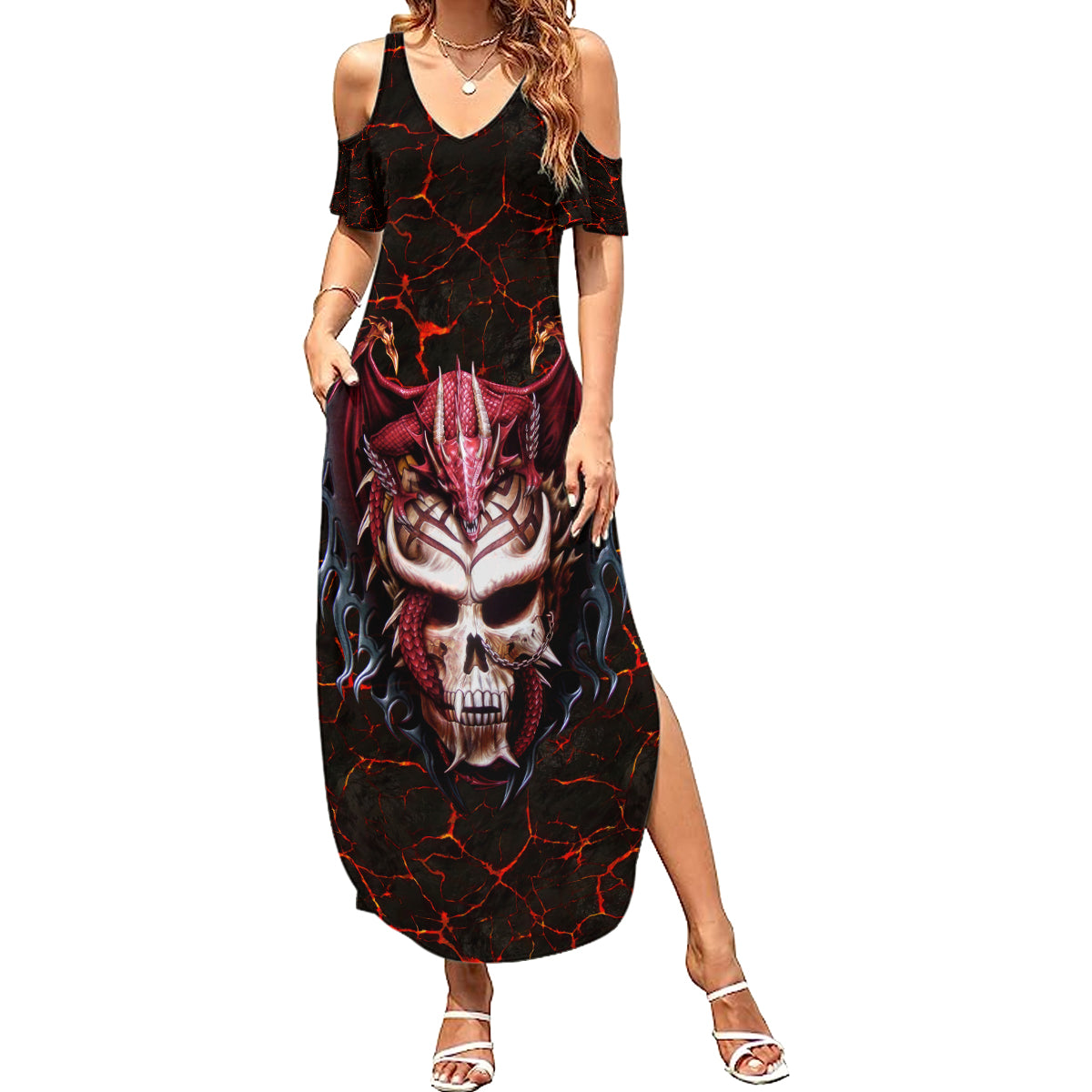 Infernal Draconic Skull Summer Maxi Dress Embracing the Fiery Soul - Wonder Print Shop