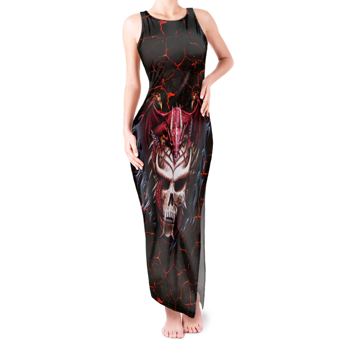 Infernal Draconic Skull Tank Maxi Dress Embracing the Fiery Soul - Wonder Print Shop