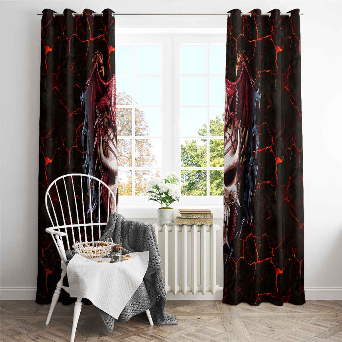 Infernal Draconic Skull Window Curtain Embracing the Fiery Soul - Wonder Print Shop