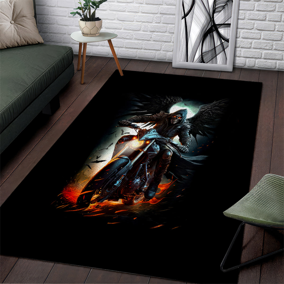 Flaming Skull Area Rug Celestial Riders with Angel Wings - Wonder Print Shop