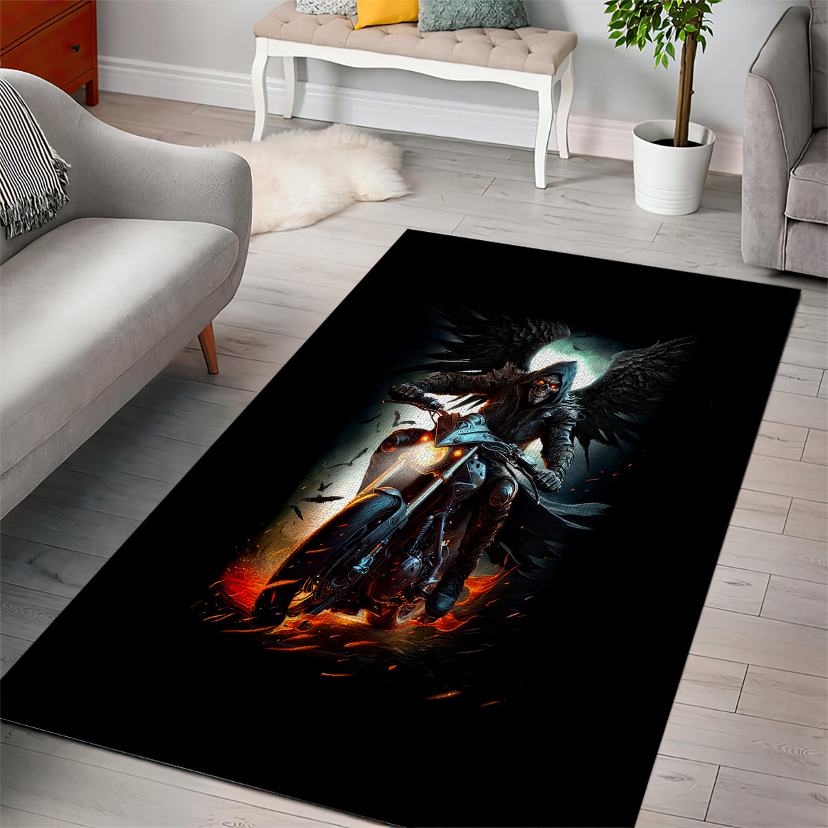 Flaming Skull Area Rug Celestial Riders with Angel Wings - Wonder Print Shop