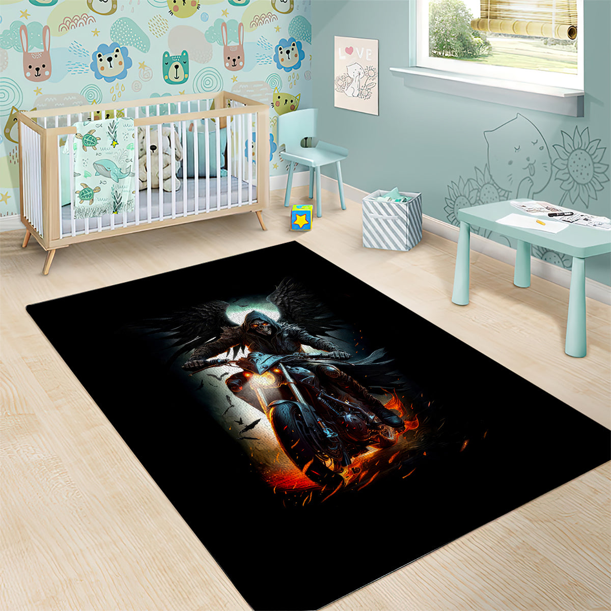 Flaming Skull Area Rug Celestial Riders with Angel Wings - Wonder Print Shop