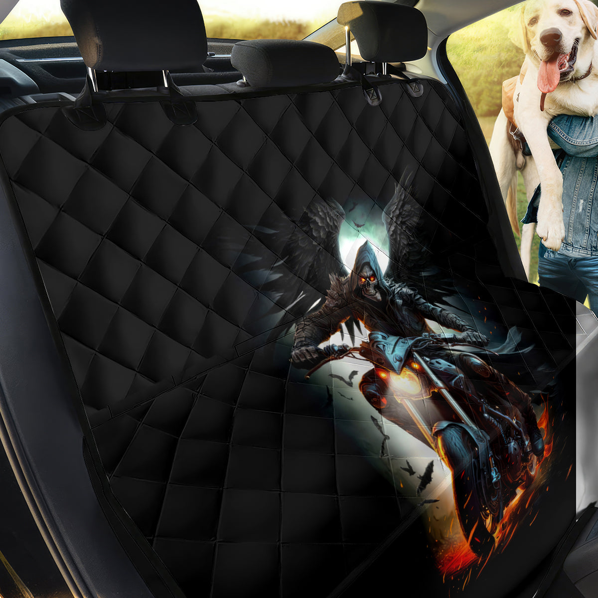 Flaming Skull Back Car Seat Cover Celestial Riders with Angel Wings - Wonder Print Shop