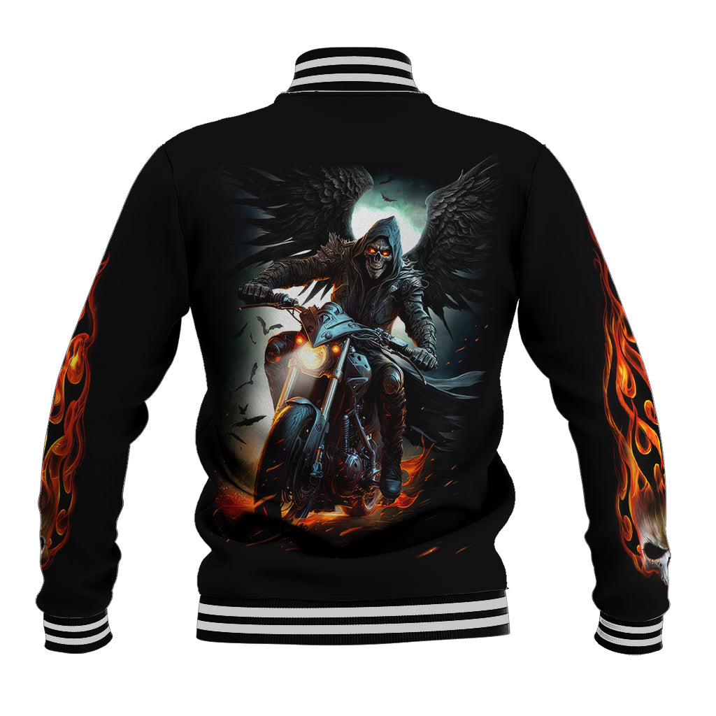 Flaming Skull Baseball Jacket Celestial Riders with Angel Wings - Wonder Print Shop