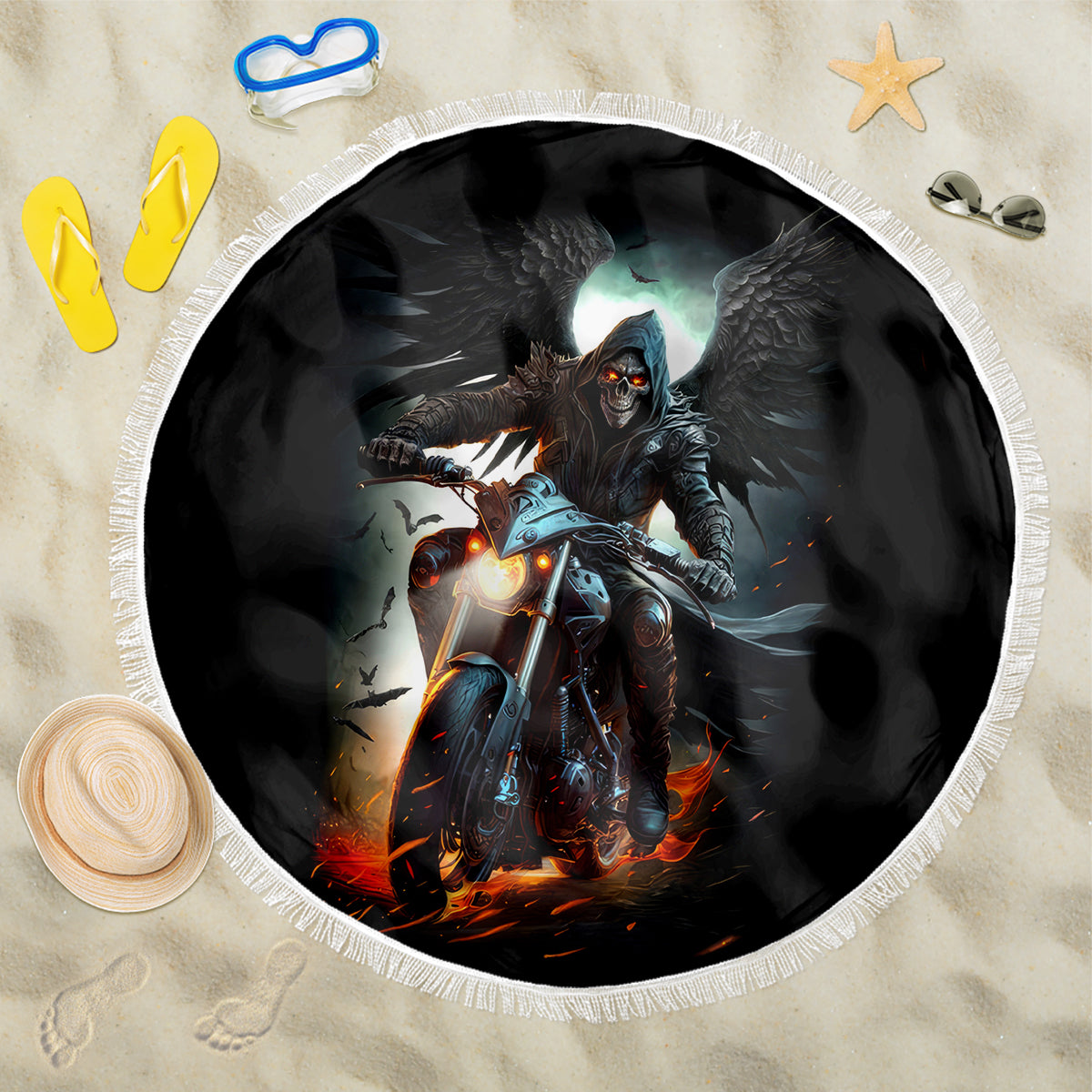 Flaming Skull Beach Blanket Celestial Riders with Angel Wings - Wonder Print Shop