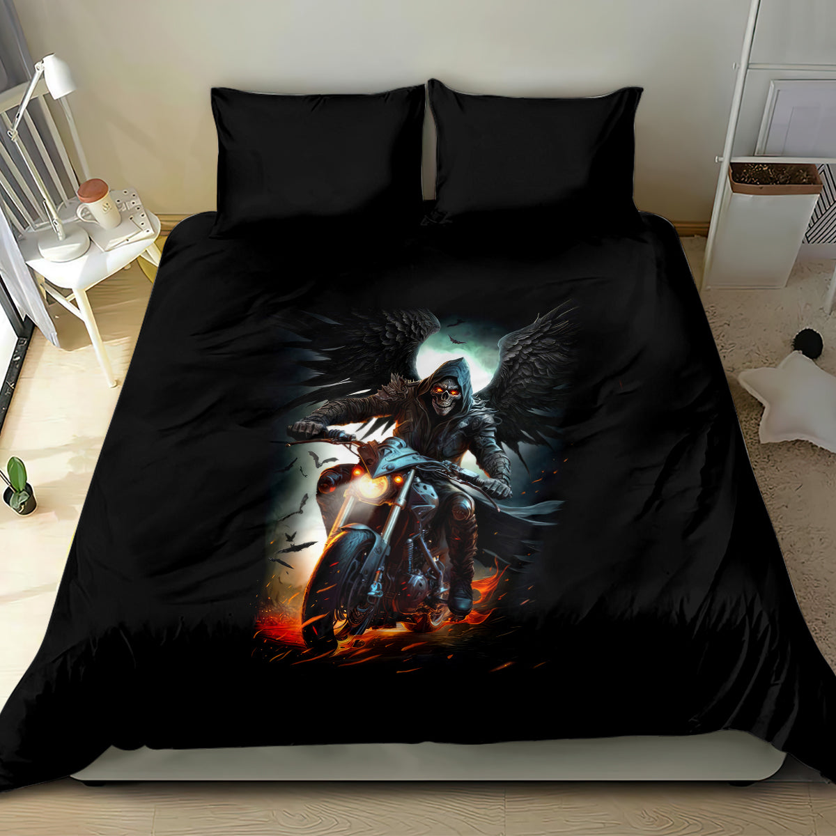Flaming Skull Bedding Set Celestial Riders with Angel Wings - Wonder Print Shop