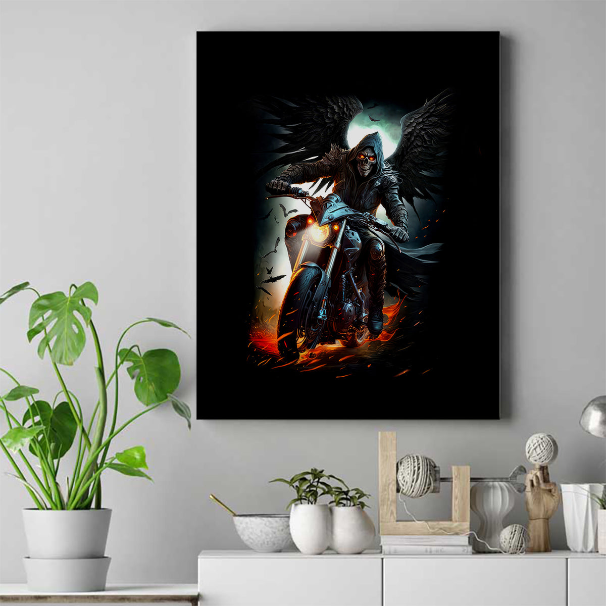 Flaming Skull Canvas Wall Art Celestial Riders with Angel Wings - Wonder Print Shop