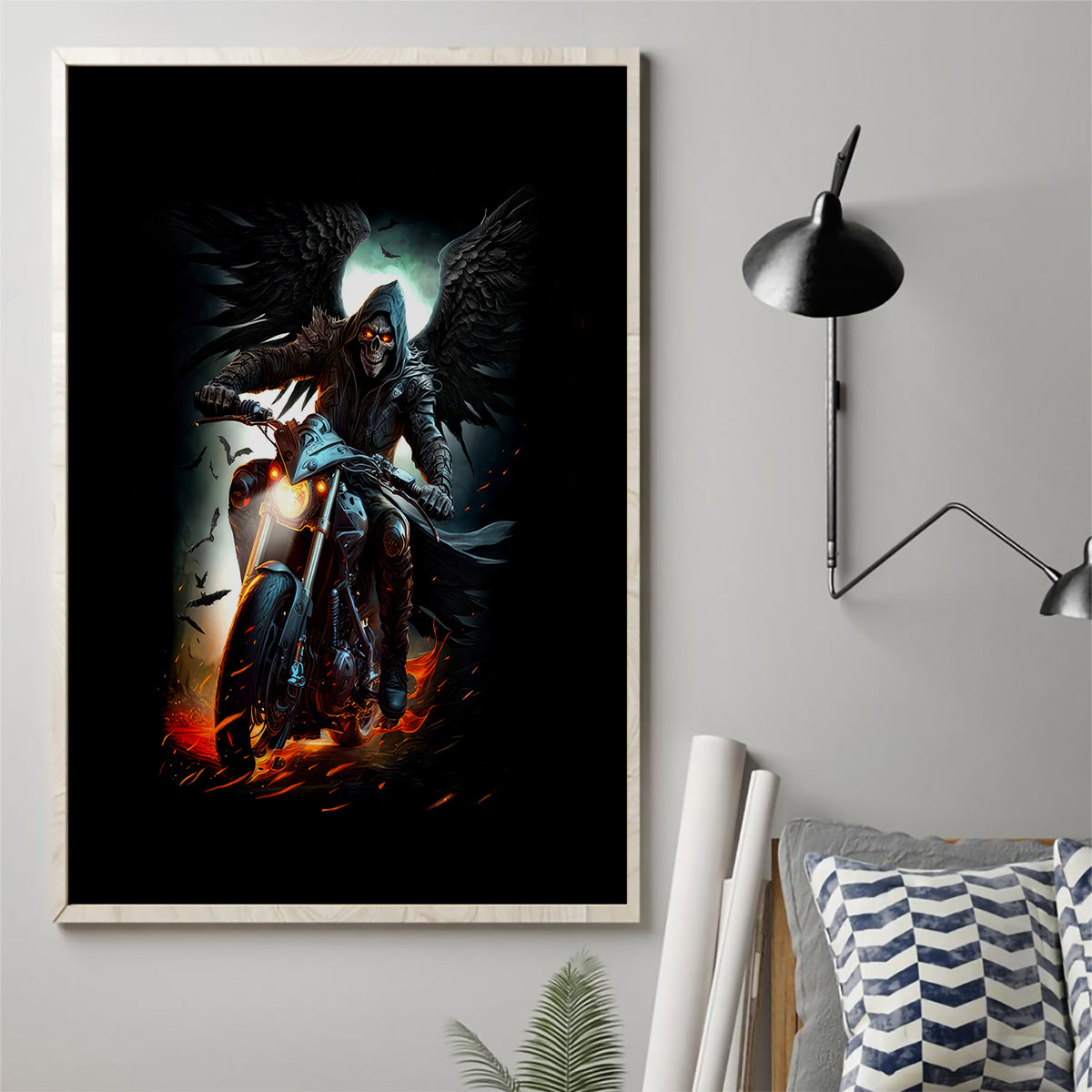Flaming Skull Canvas Wall Art Celestial Riders with Angel Wings - Wonder Print Shop
