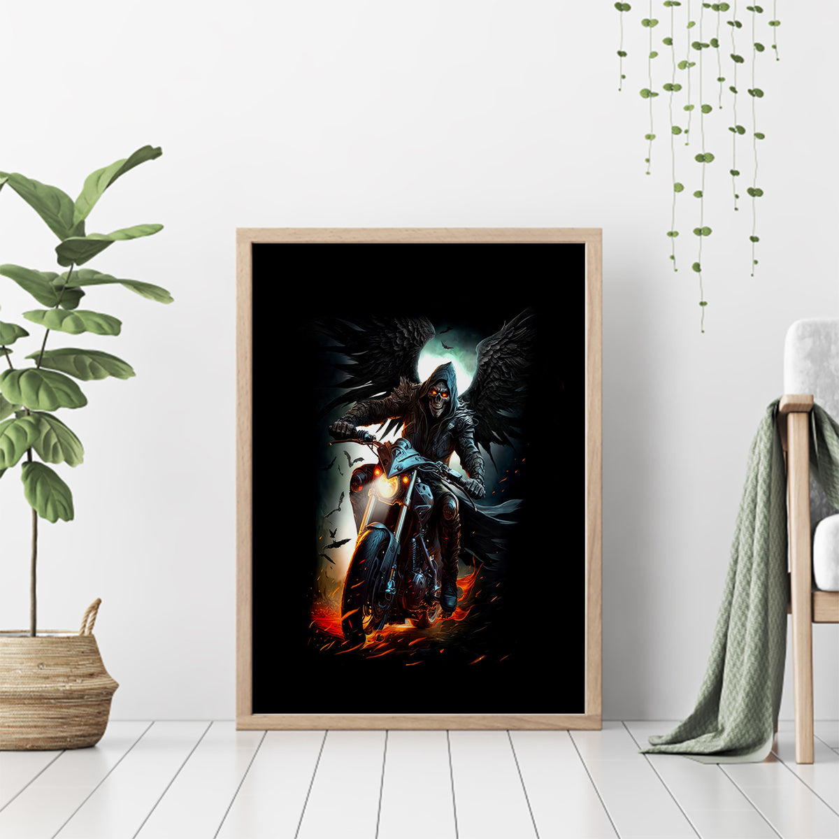 Flaming Skull Canvas Wall Art Celestial Riders with Angel Wings - Wonder Print Shop