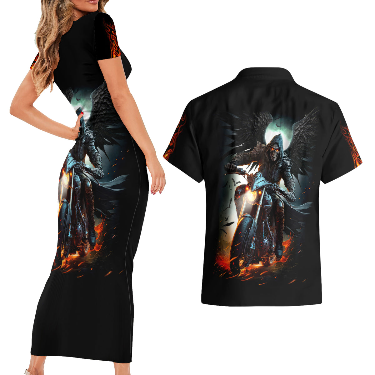 Flaming Skull Couples Matching Short Sleeve Bodycon Dress and Hawaiian Shirt Celestial Riders with Angel Wings - Wonder Print Shop