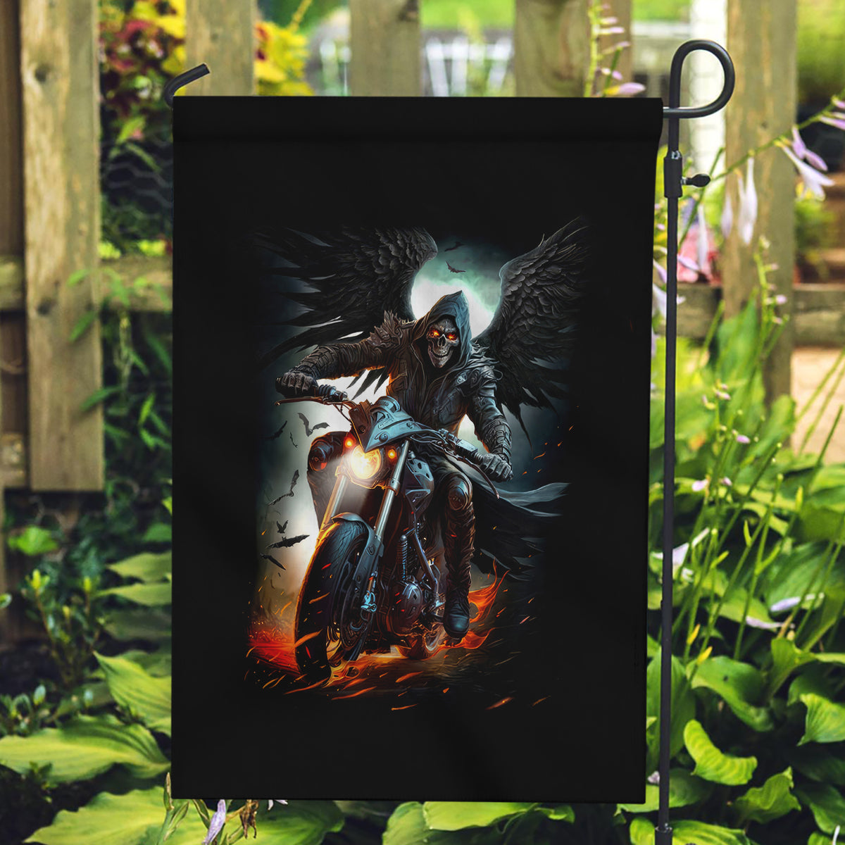 Flaming Skull Garden Flag Celestial Riders with Angel Wings - Wonder Print Shop