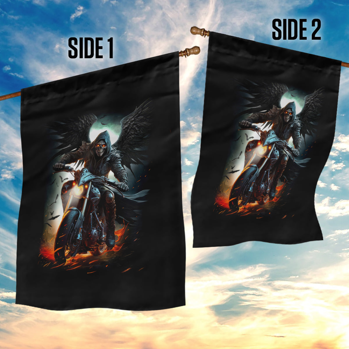 Flaming Skull Garden Flag Celestial Riders with Angel Wings - Wonder Print Shop