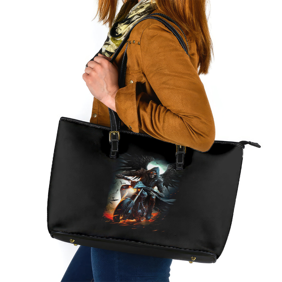 Flaming Skull Leather Tote Bag Celestial Riders with Angel Wings - Wonder Print Shop