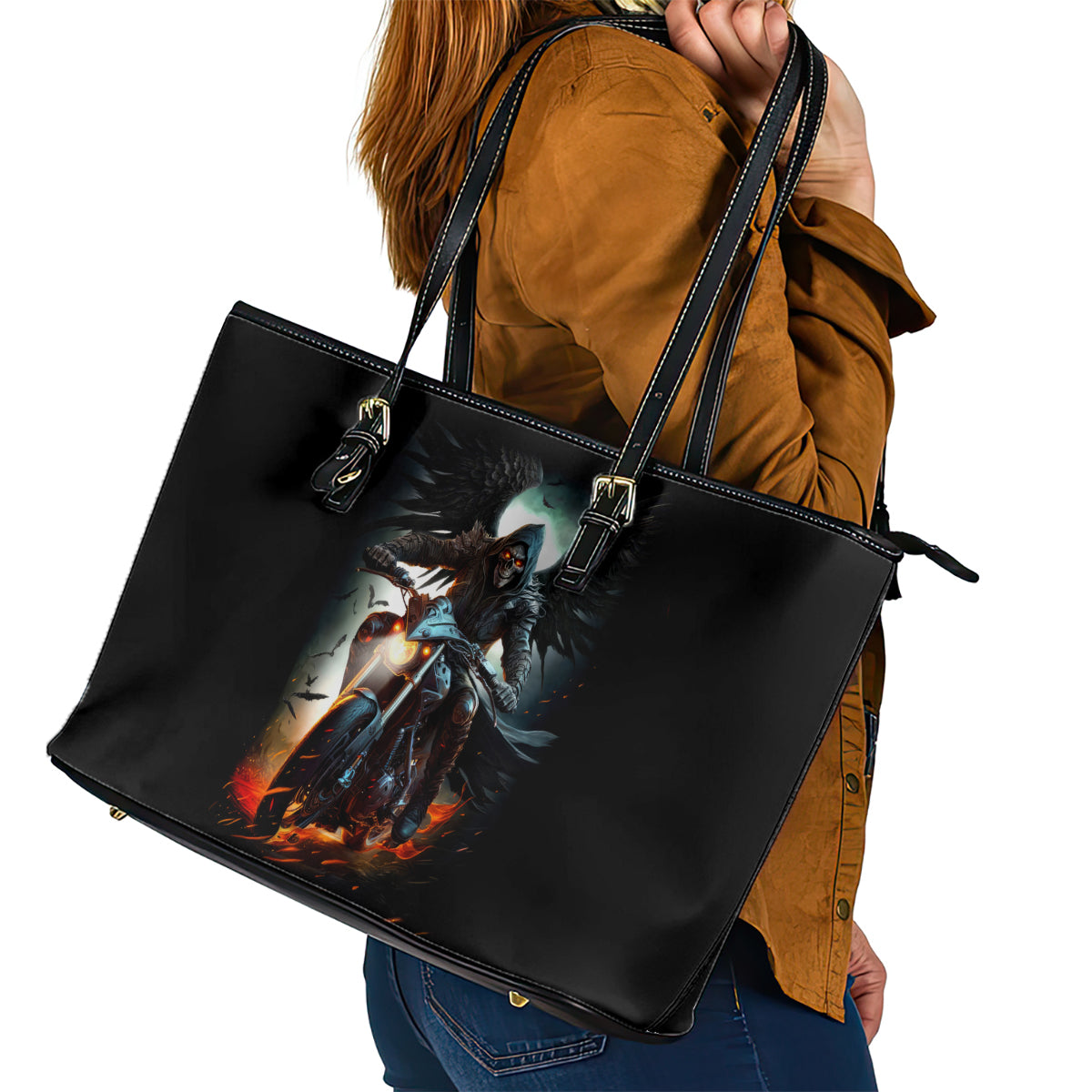Flaming Skull Leather Tote Bag Celestial Riders with Angel Wings - Wonder Print Shop