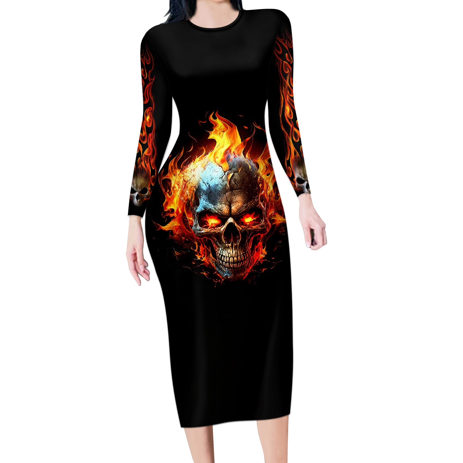 Flaming Skull Long Sleeve Bodycon Dress Celestial Riders with Angel Wings - Wonder Print Shop