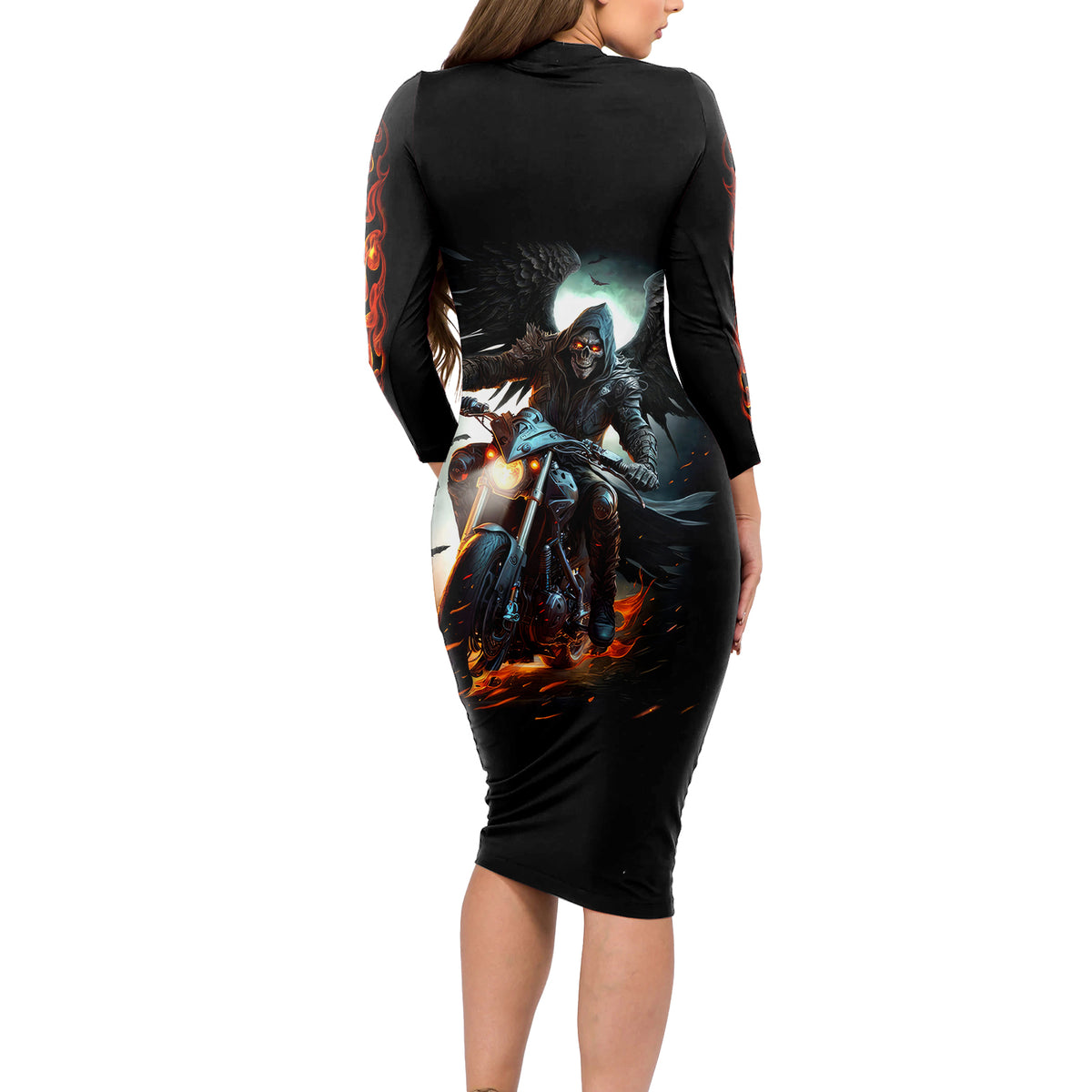 Flaming Skull Long Sleeve Bodycon Dress Celestial Riders with Angel Wings - Wonder Print Shop