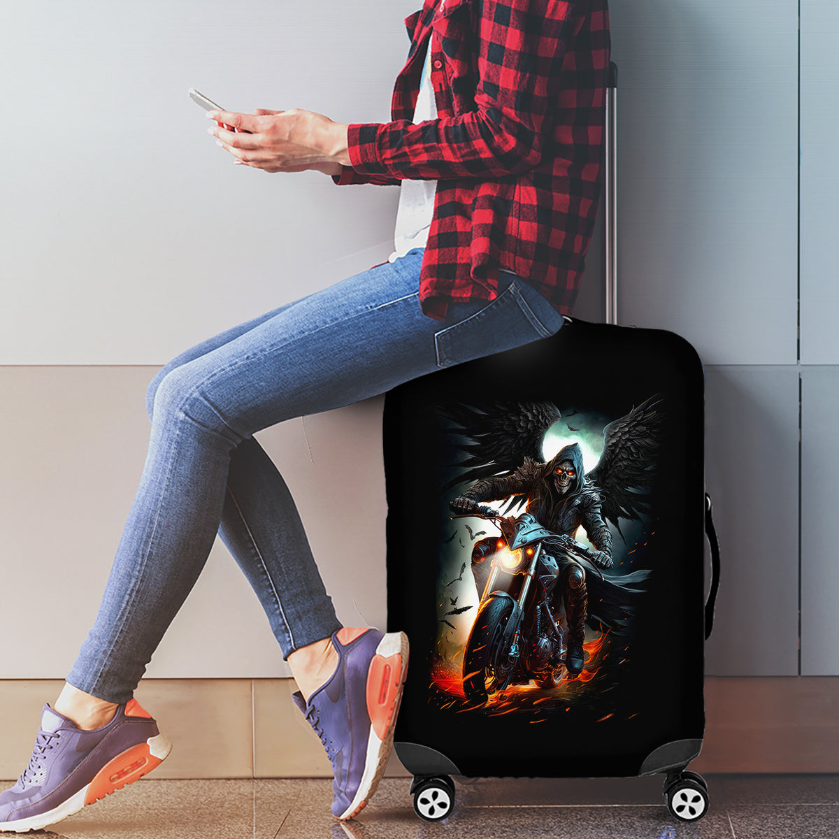 Flaming Skull Luggage Cover Celestial Riders with Angel Wings - Wonder Print Shop