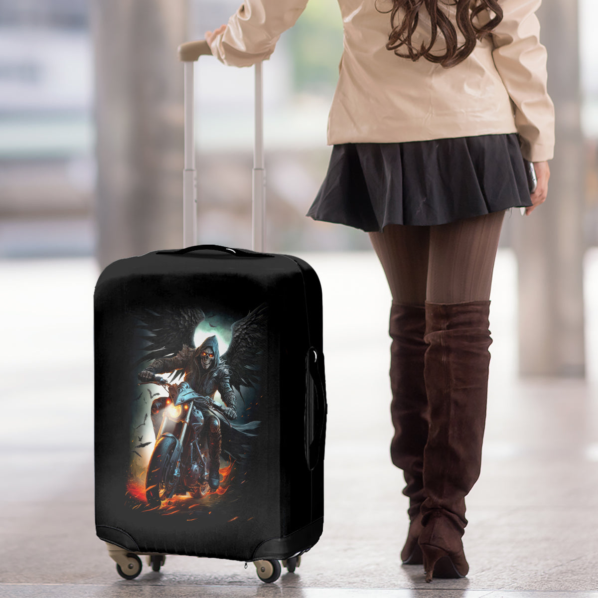 Flaming Skull Luggage Cover Celestial Riders with Angel Wings - Wonder Print Shop