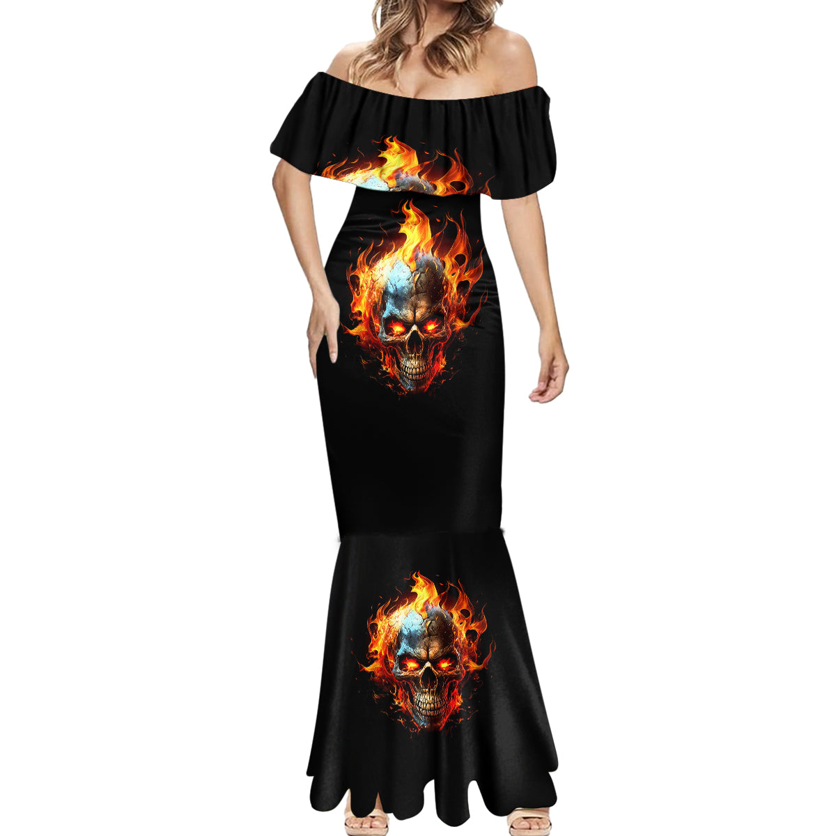 Flaming Skull Mermaid Dress Celestial Riders with Angel Wings - Wonder Print Shop
