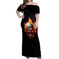 Flaming Skull Off Shoulder Maxi Dress Celestial Riders with Angel Wings - Wonder Print Shop