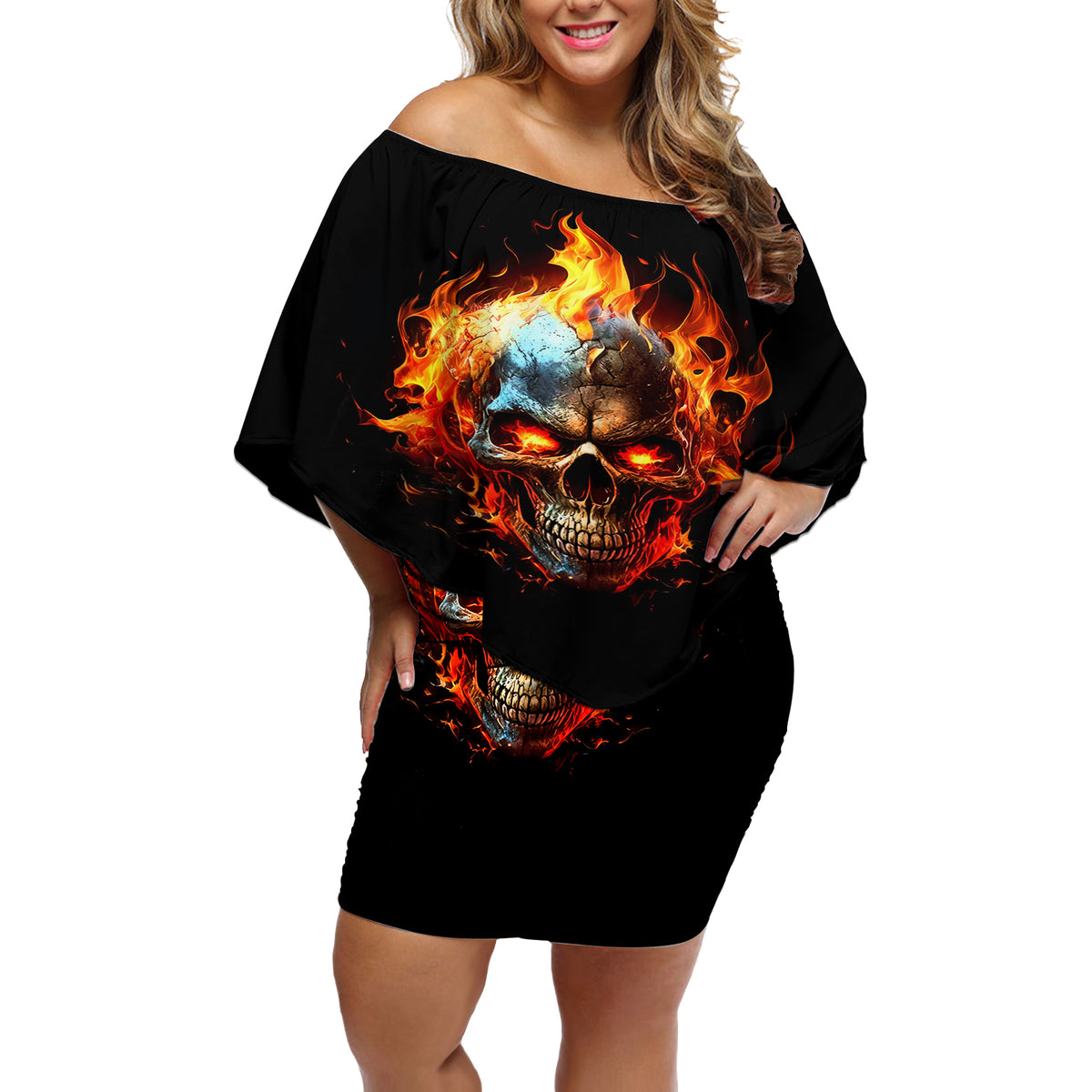 Flaming Skull Off Shoulder Short Dress Celestial Riders with Angel Wings - Wonder Print Shop