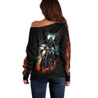 Flaming Skull Off Shoulder Sweater Celestial Riders with Angel Wings - Wonder Print Shop