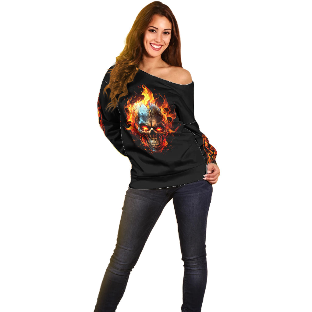 Flaming Skull Off Shoulder Sweater Celestial Riders with Angel Wings - Wonder Print Shop