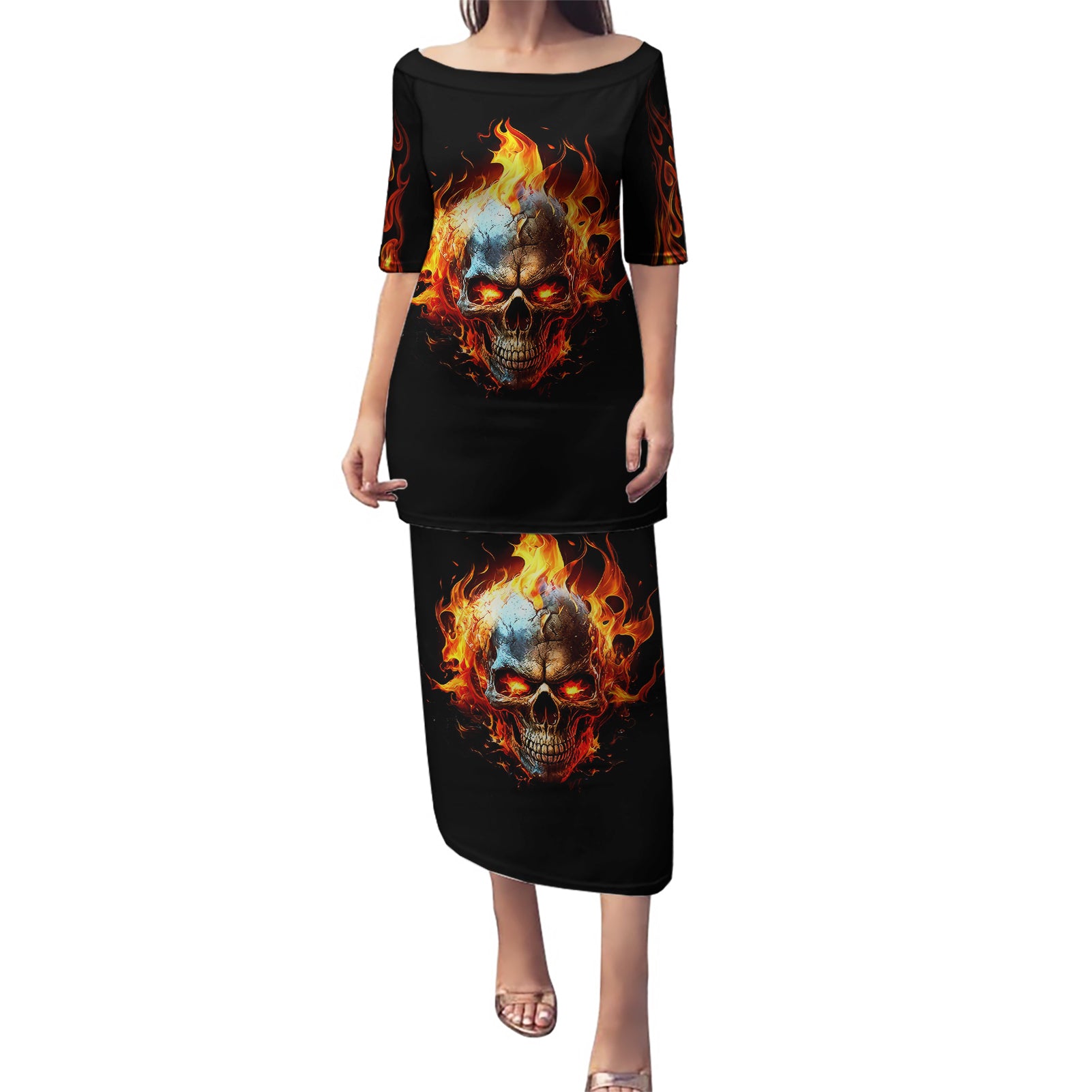 Flaming Skull Puletasi Celestial Riders with Angel Wings - Wonder Print Shop