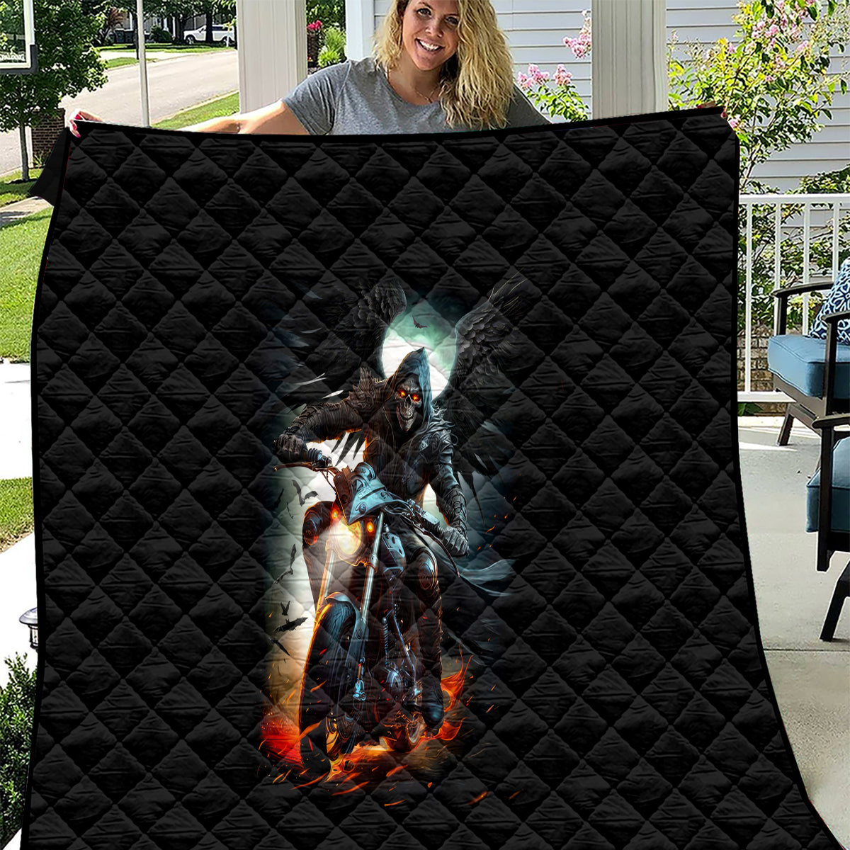 Flaming Skull Quilt Celestial Riders with Angel Wings - Wonder Print Shop